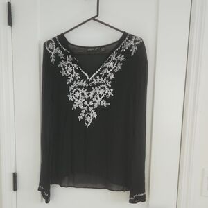 Elegant Black Blouse with White Embroidery